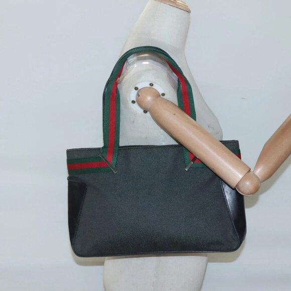 GUCCI Web Sherry Line Tote Bag Canvas Red Gray Green 73983 Auth BA2478 - Picture 3 of 16